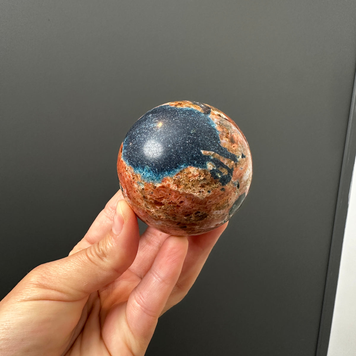 Sunstone Sphere - Deep Blue Apatite and Orange Calcite Sphere (B)