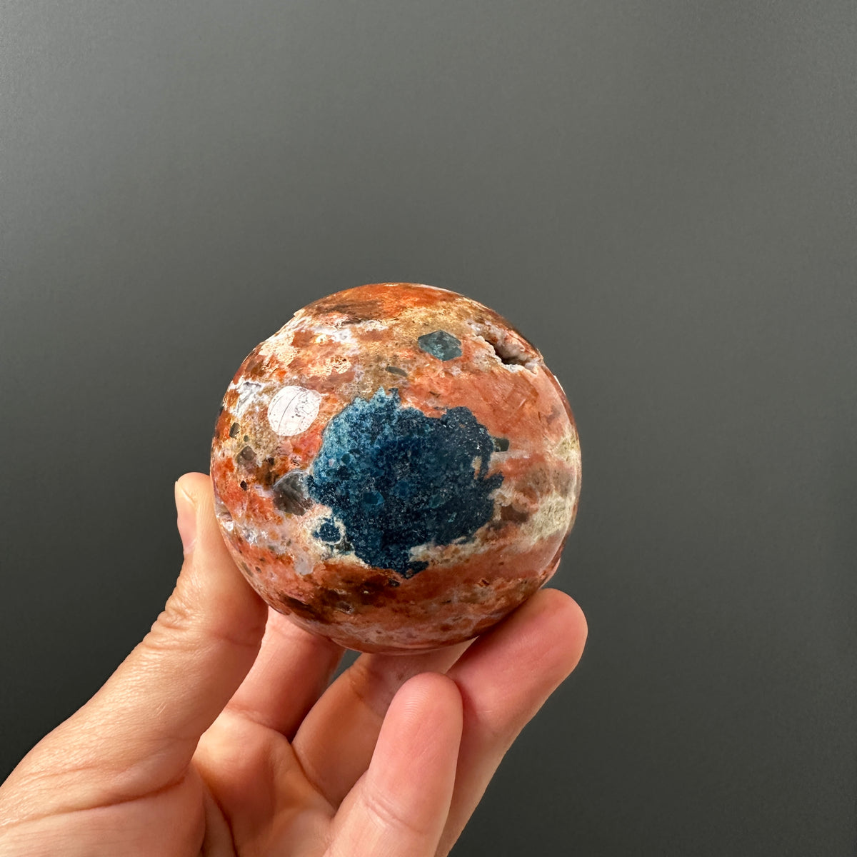 Sunstone Sphere - Deep Blue Apatite and Orange Calcite Sphere (A)