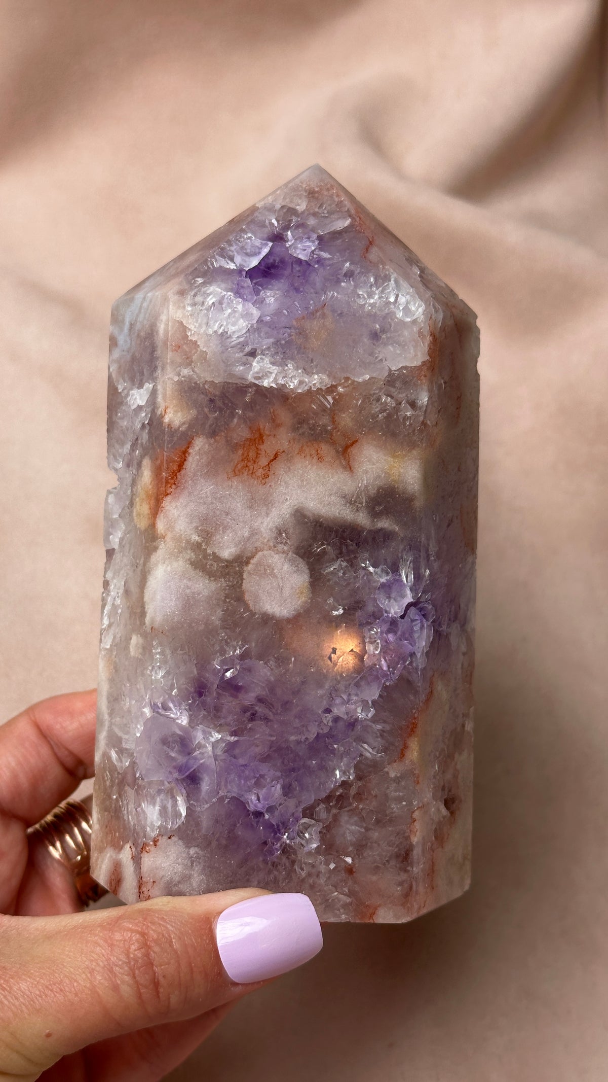 Dreamy Soft Pink, Purple Amethyst Tower with Druzy Flower Agate (N)