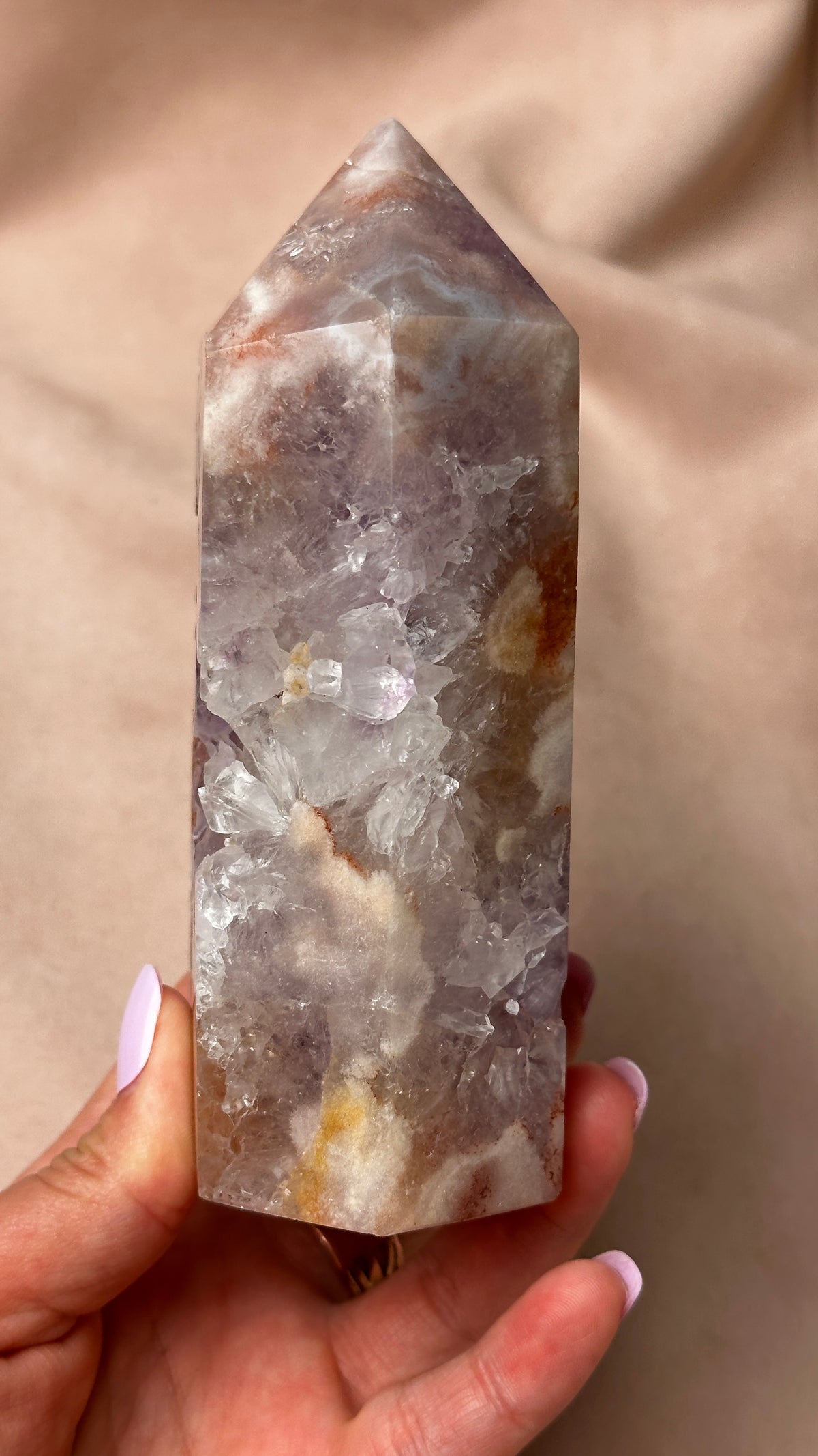 Dreamy Soft Pink, Purple Amethyst Tower with Druzy Flower Agate (N)