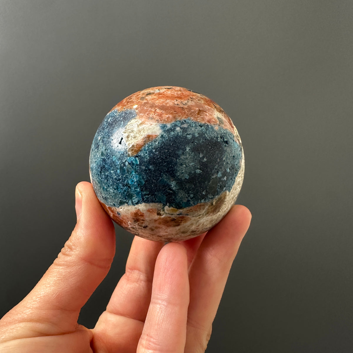 Sunstone Sphere - Deep Blue Apatite and Orange Calcite Sphere (C)