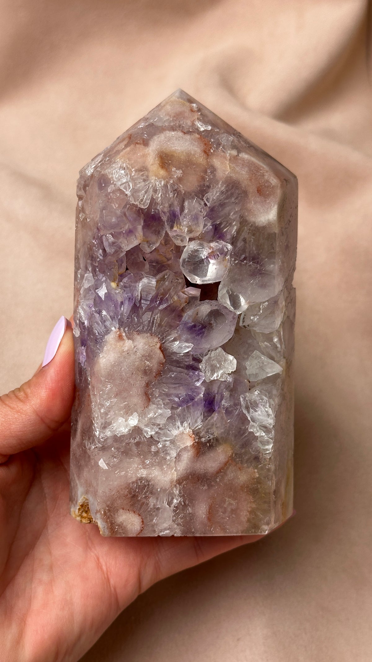 Dreamy Soft Pink, Purple Amethyst Tower with Druzy Flower Agate (N)